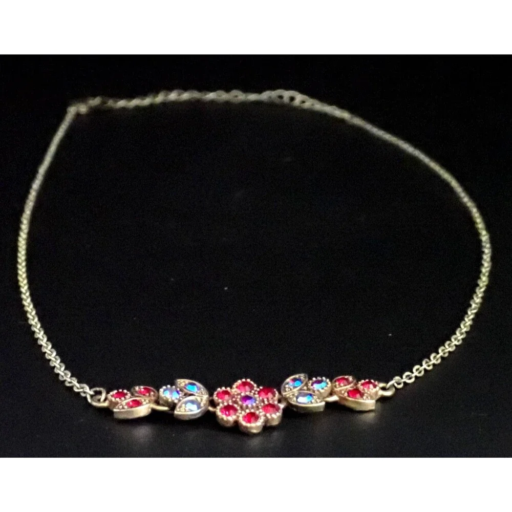 Dainty Red & Aurora Borealis AB Rhinestone Flower Gold Tone Chain Link Necklace